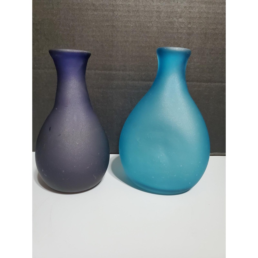😎Frosted Blown Colbalt and Aqua Glass Vases Contemporary Beach Accent Decor